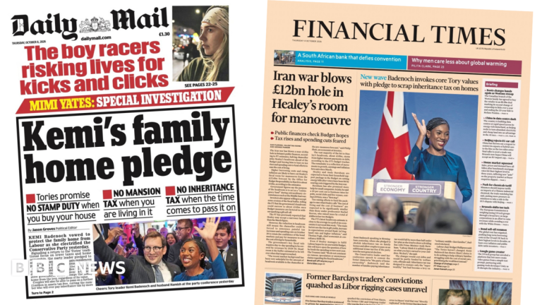 Newspaper headlines: ‘Kemi’s family home pledge’ and ‘Badenoch invokes core Tory values’
