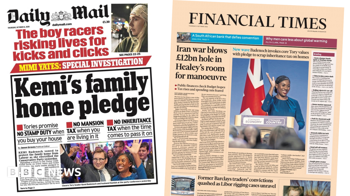 Newspaper headlines: ‘Kemi’s family home pledge’ and ‘Badenoch invokes core Tory values’